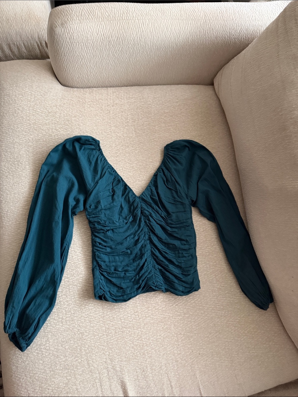 Abercrombie & Fitch Teal Ruched V-Neck Long Sleeve Top